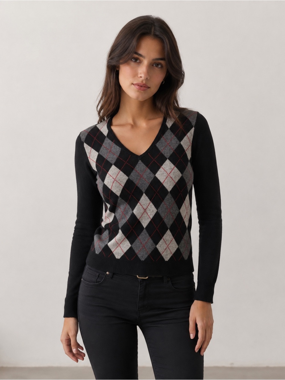 APT. 9 Women’s 100% Cashmere Argyle V-Neck Sweater Black Gray Size M
